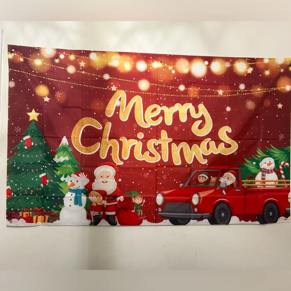 Merry Christmas background,4 ft.x 6ft. Santa,elves,showmen,red,gold,green